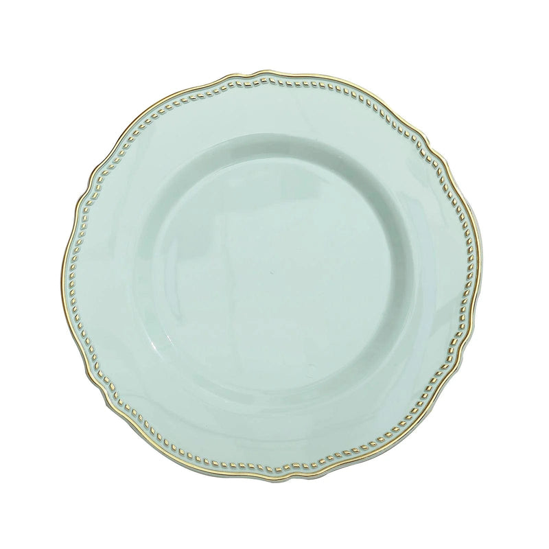 10 Round Plastic Dinner Plates with Gold Scalloped Rim - Disposable Tableware