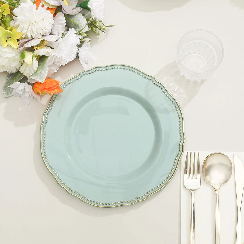 10 Round Plastic Dinner Plates with Gold Scalloped Rim - Disposable Tableware