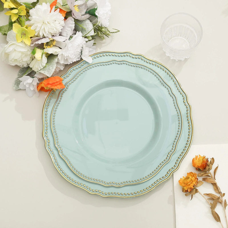 10 Round Plastic Dinner Plates with Gold Scalloped Rim - Disposable Tableware