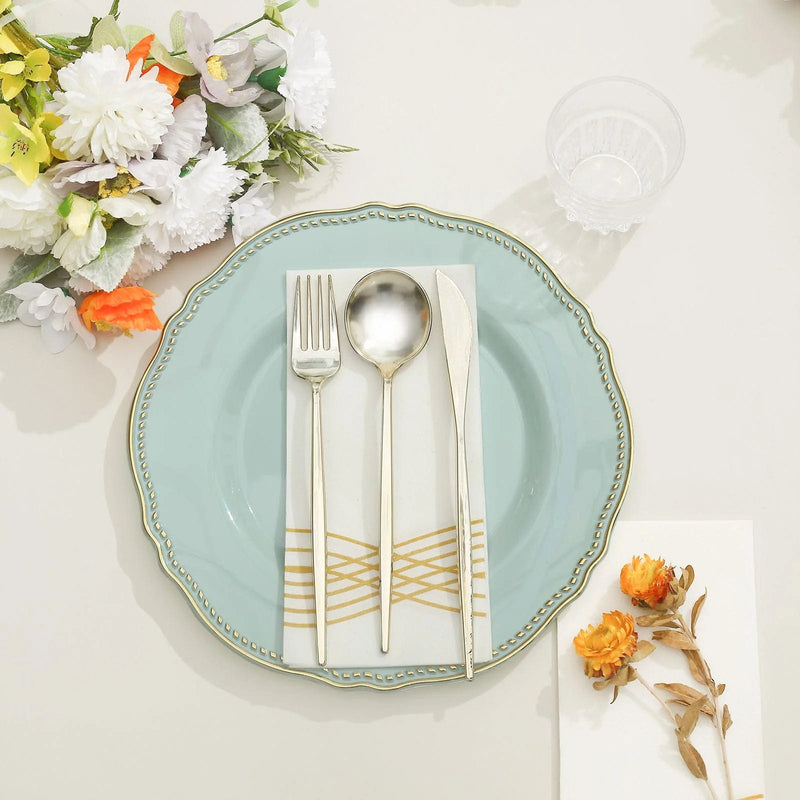 10 Round Plastic Dinner Plates with Gold Scalloped Rim - Disposable Tableware