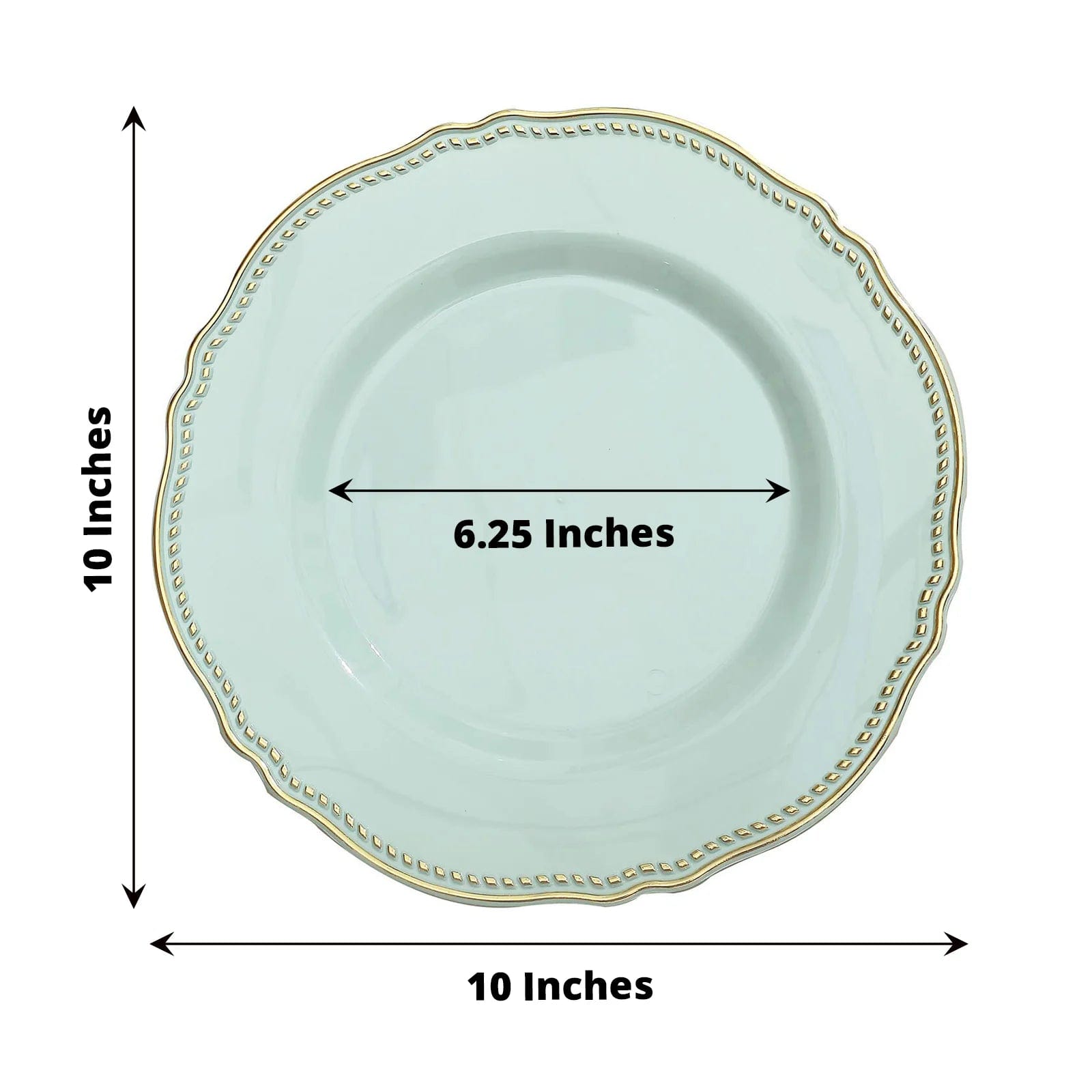 10 Round Plastic Dinner Plates with Gold Scalloped Rim - Disposable Tableware