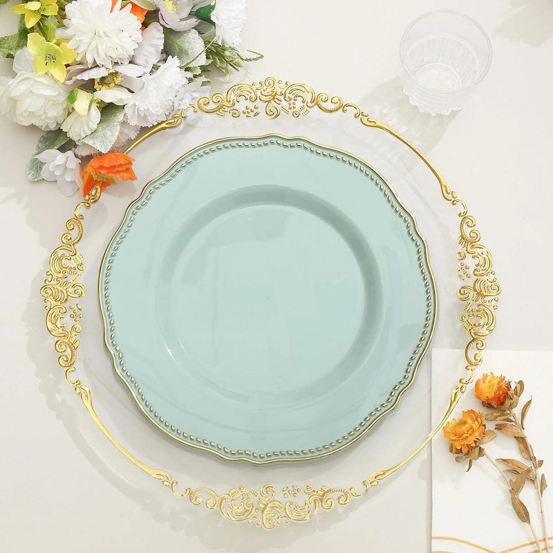 10 Round Plastic Dinner Plates with Gold Scalloped Rim - Disposable Tableware