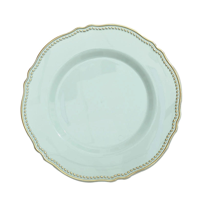 10 Round Plastic Dinner Plates with Gold Scalloped Rim - Disposable Tableware