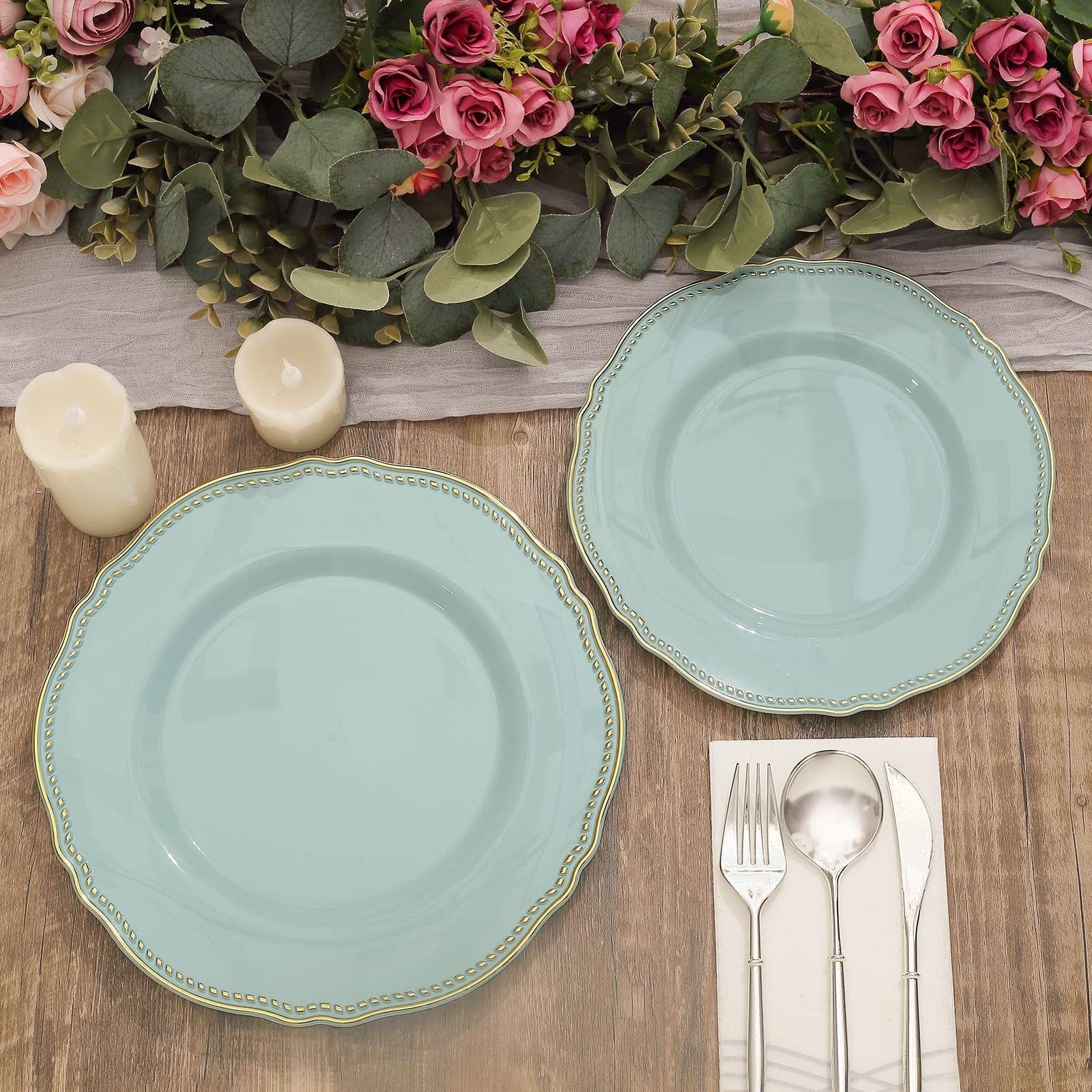 10 Round Plastic Dinner Plates with Gold Scalloped Rim - Disposable Tableware