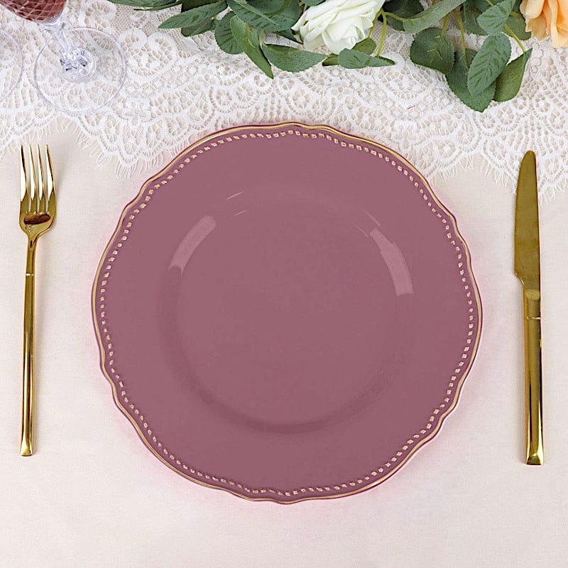 10 Round Plastic Dinner Plates with Gold Scalloped Rim - Disposable Tableware