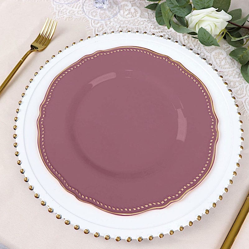 10 Round Plastic Dinner Plates with Gold Scalloped Rim - Disposable Tableware