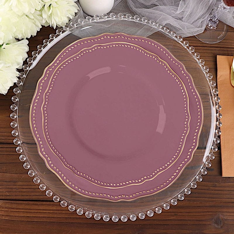 10 Round Plastic Dinner Plates with Gold Scalloped Rim - Disposable Tableware
