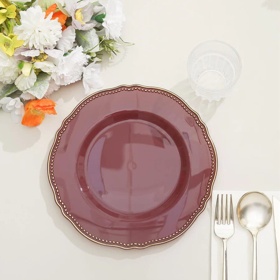 10 Round Plastic Dinner Plates with Gold Scalloped Rim - Disposable Tableware
