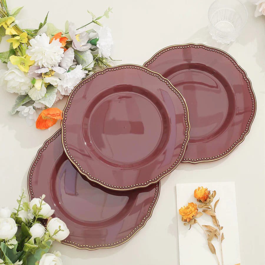 10 Round Plastic Dinner Plates with Gold Scalloped Rim - Disposable Tableware
