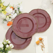 10 Round Plastic Dinner Plates with Gold Scalloped Rim - Disposable Tableware