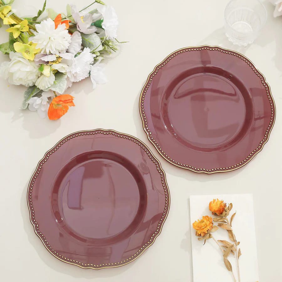 10 Round Plastic Dinner Plates with Gold Scalloped Rim - Disposable Tableware