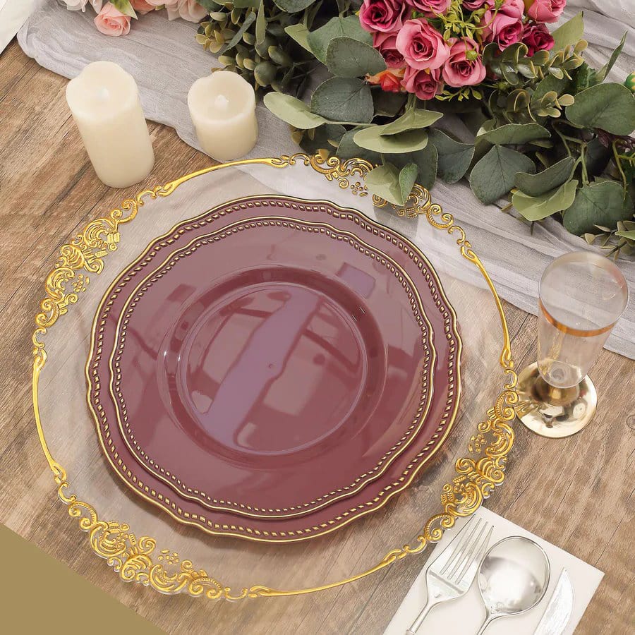 10 Round Plastic Dinner Plates with Gold Scalloped Rim - Disposable Tableware