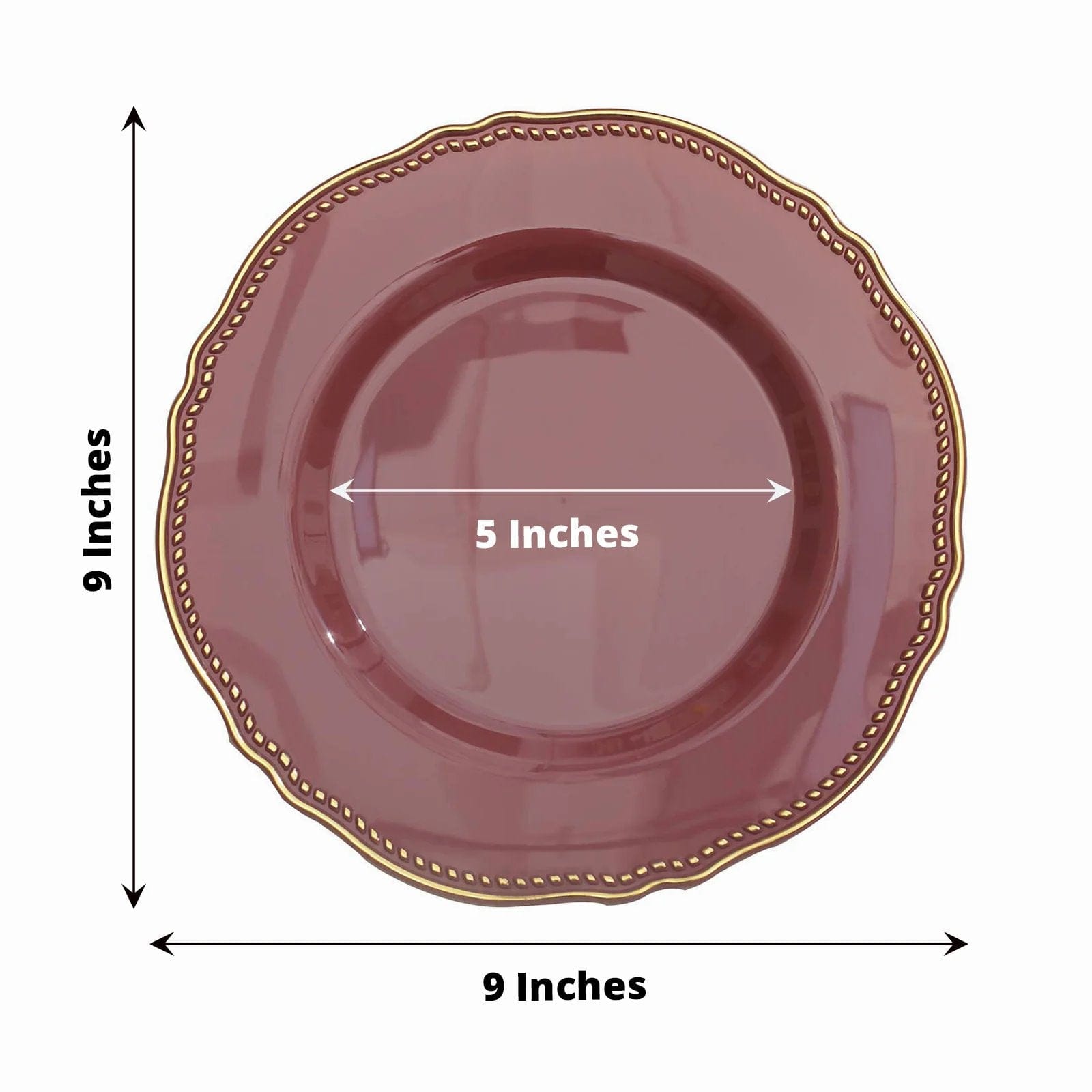 10 Round Plastic Dinner Plates with Gold Scalloped Rim - Disposable Tableware