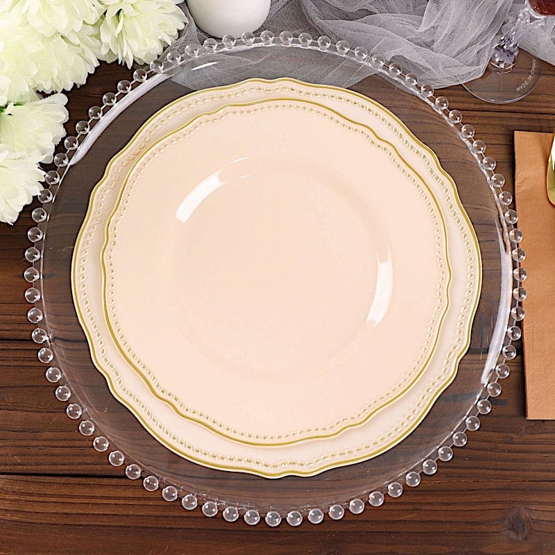 10 Round Plastic Dinner Plates with Gold Scalloped Rim - Disposable Tableware