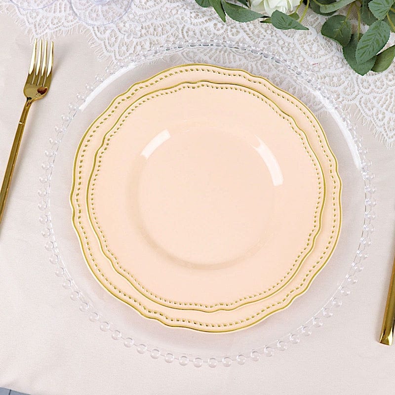 10 Round Plastic Dinner Plates with Gold Scalloped Rim - Disposable Tableware