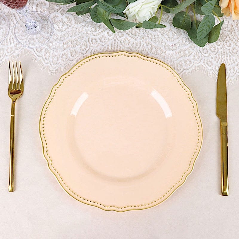 10 Round Plastic Dinner Plates with Gold Scalloped Rim - Disposable Tableware