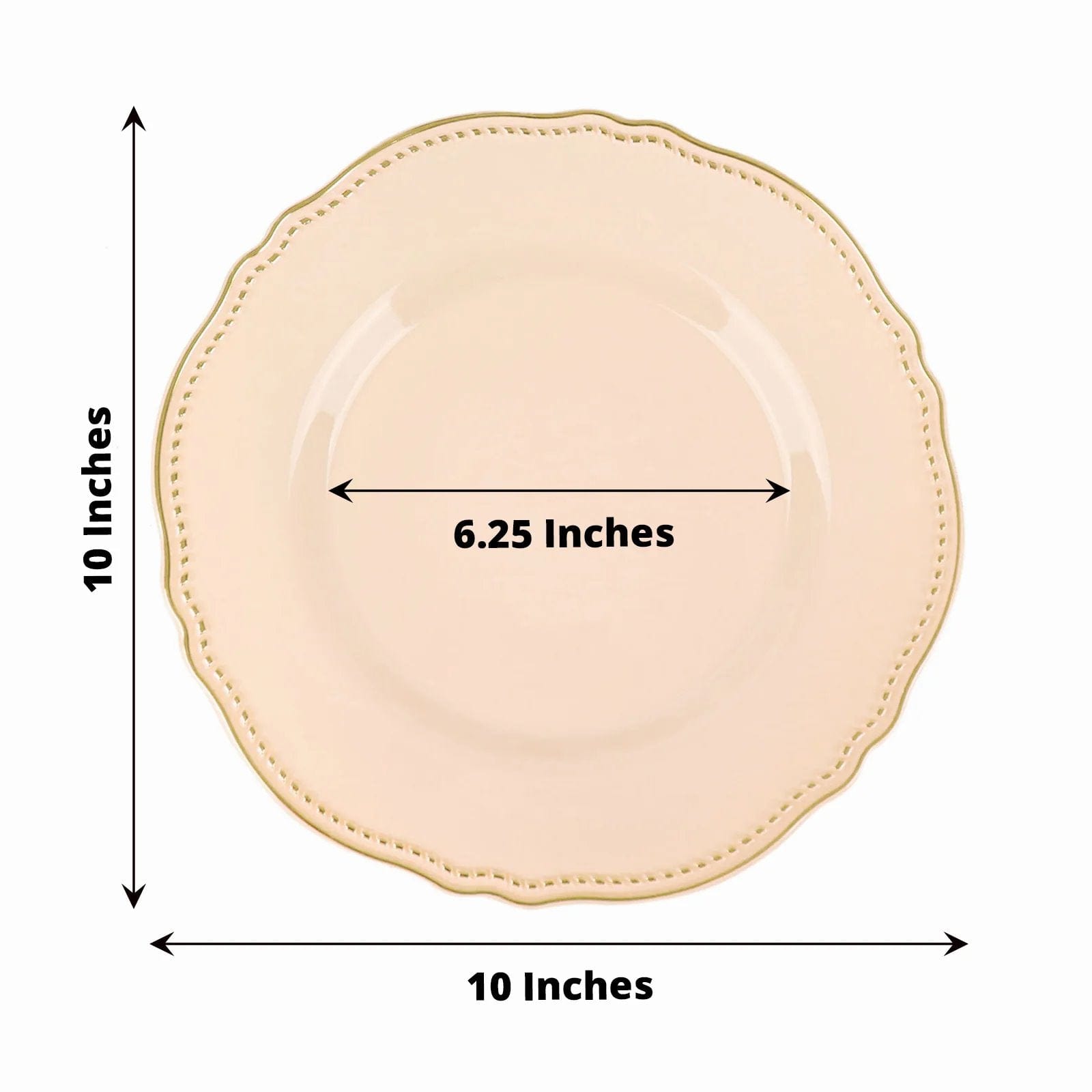 10 Round Plastic Dinner Plates with Gold Scalloped Rim - Disposable Tableware