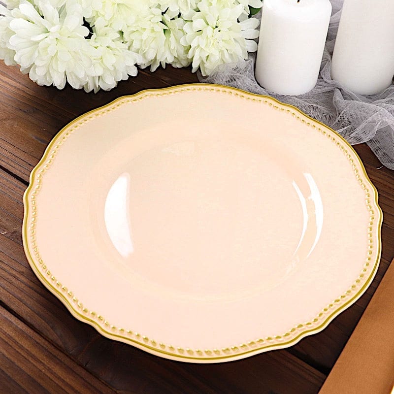 10 Round Plastic Dinner Plates with Gold Scalloped Rim - Disposable Tableware