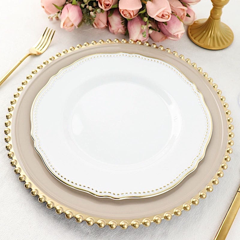 10 Round Plastic Dinner Plates with Gold Scalloped Rim - Disposable Tableware