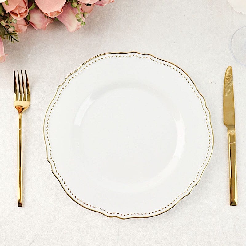 10 Round Plastic Dinner Plates with Gold Scalloped Rim - Disposable Tableware
