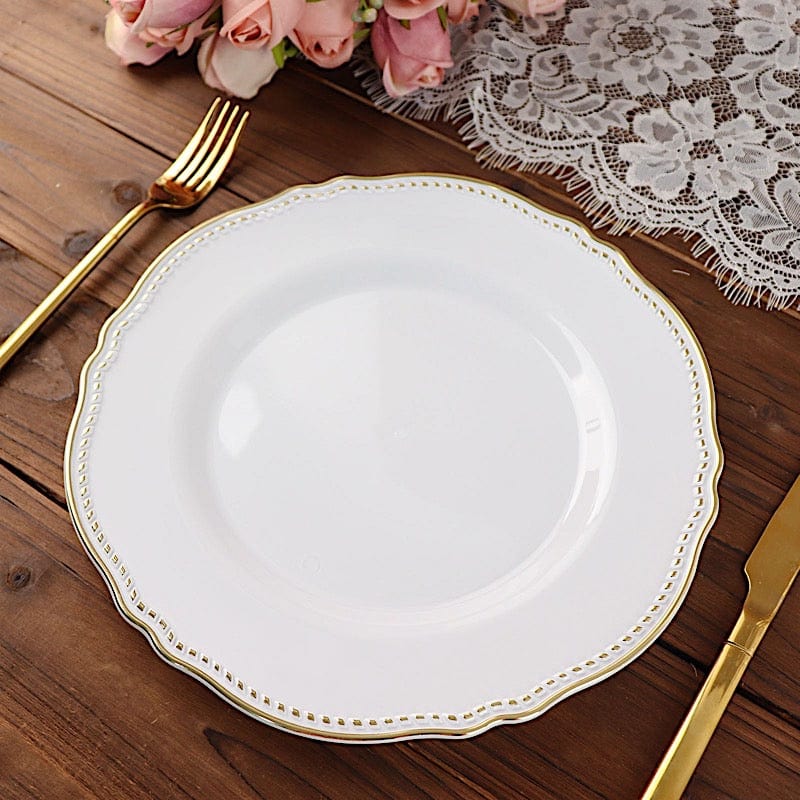 10 Round Plastic Dinner Plates with Gold Scalloped Rim - Disposable Tableware