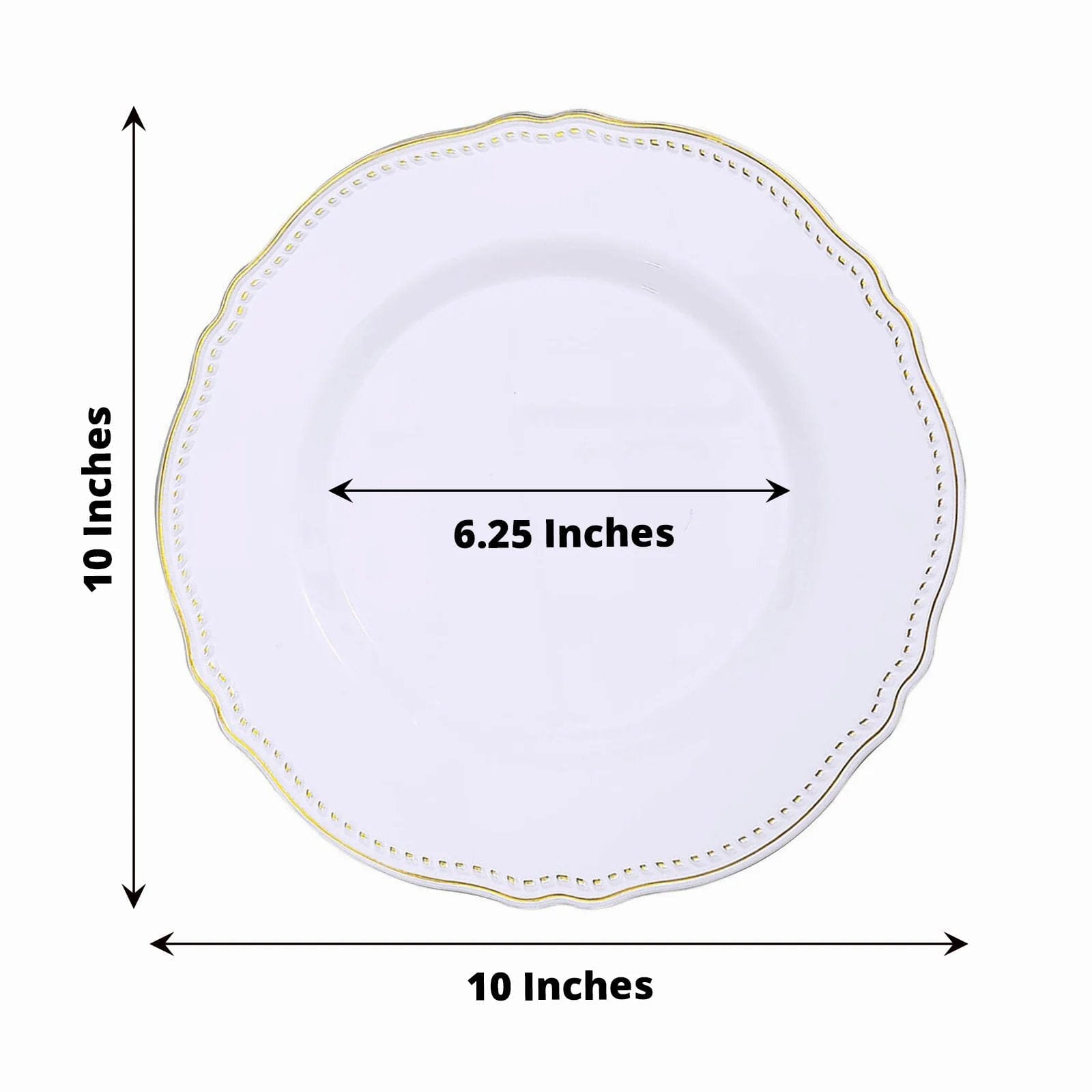 10 Round Plastic Dinner Plates with Gold Scalloped Rim - Disposable Tableware