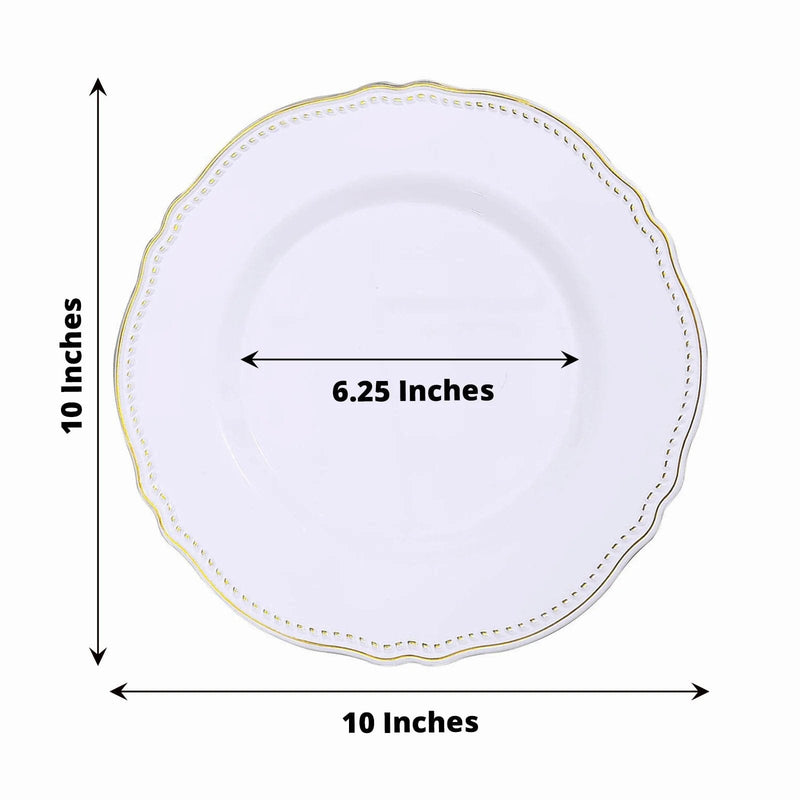 10 Round Plastic Dinner Plates with Gold Scalloped Rim - Disposable Tableware
