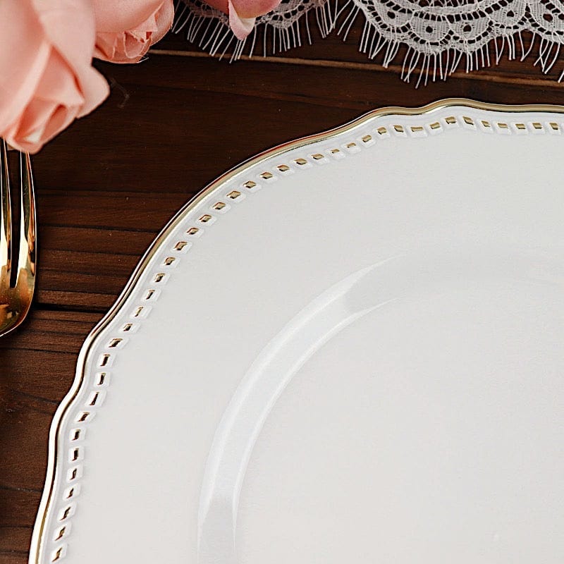 10 Round Plastic Dinner Plates with Gold Scalloped Rim - Disposable Tableware