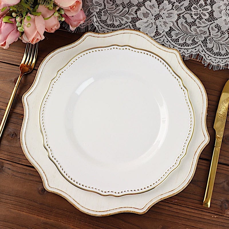 10 Round Plastic Dinner Plates with Gold Scalloped Rim - Disposable Tableware