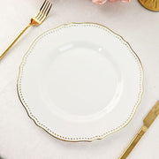 10 Round Plastic Dinner Plates with Gold Scalloped Rim - Disposable Tableware