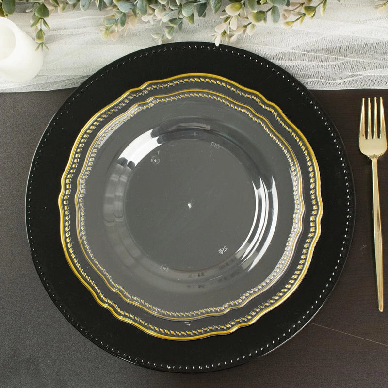 10 Round Plastic Dinner Plates with Gold Scalloped Rim - Disposable Tableware