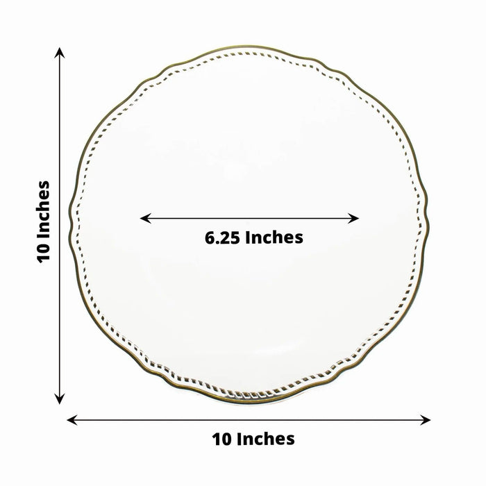 10 Round Plastic Dinner Plates with Gold Scalloped Rim - Disposable Tableware