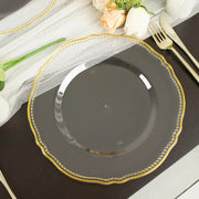 10 Round Plastic Dinner Plates with Gold Scalloped Rim - Disposable Tableware