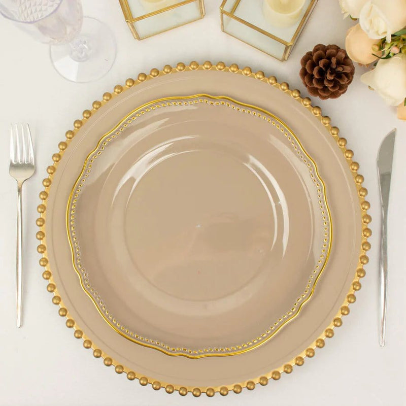 10 Round Plastic Dinner Plates with Gold Scalloped Rim - Disposable Tableware