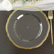 10 Round Plastic Dinner Plates with Gold Scalloped Rim - Disposable Tableware