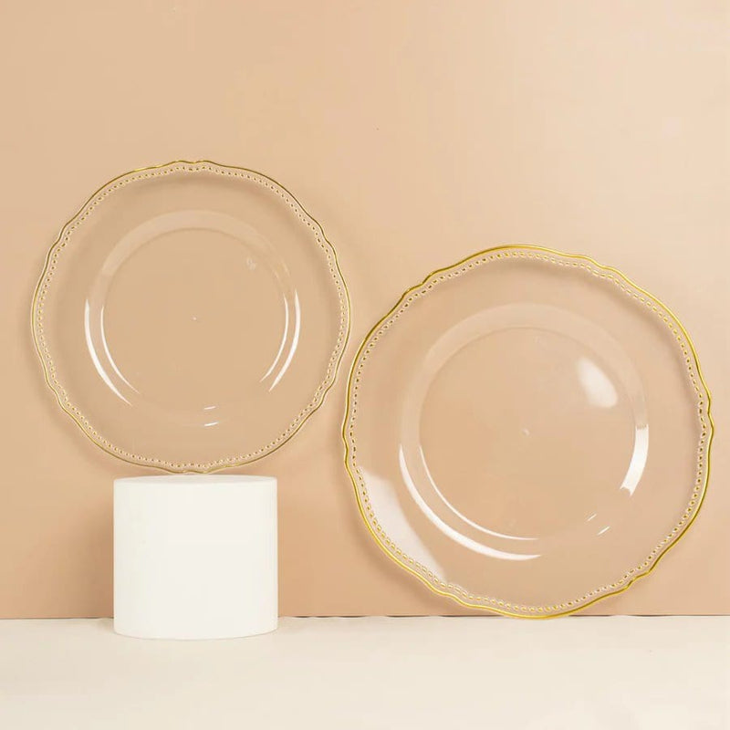 10 Round Plastic Dinner Plates with Gold Scalloped Rim - Disposable Tableware