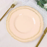 10 Round Plastic Dinner Plates with Gold Scalloped Rim - Disposable Tableware
