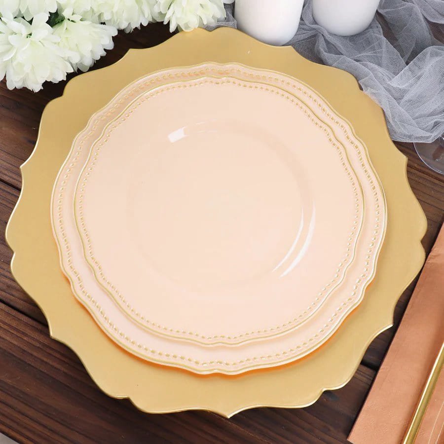 10 Round Plastic Dinner Plates with Gold Scalloped Rim - Disposable Tableware