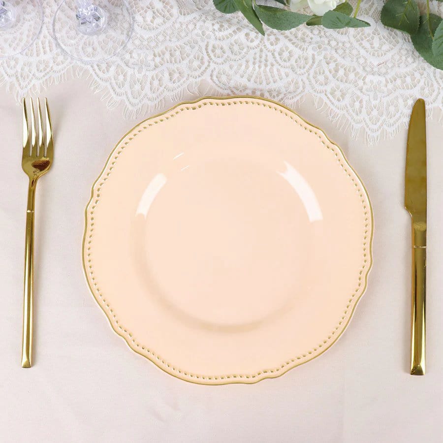 10 Round Plastic Dinner Plates with Gold Scalloped Rim - Disposable Tableware