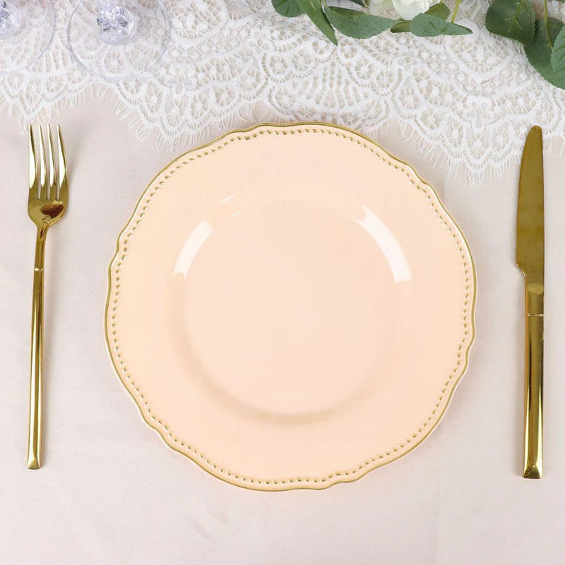 10 Round Plastic Dinner Plates with Gold Scalloped Rim - Disposable Tableware