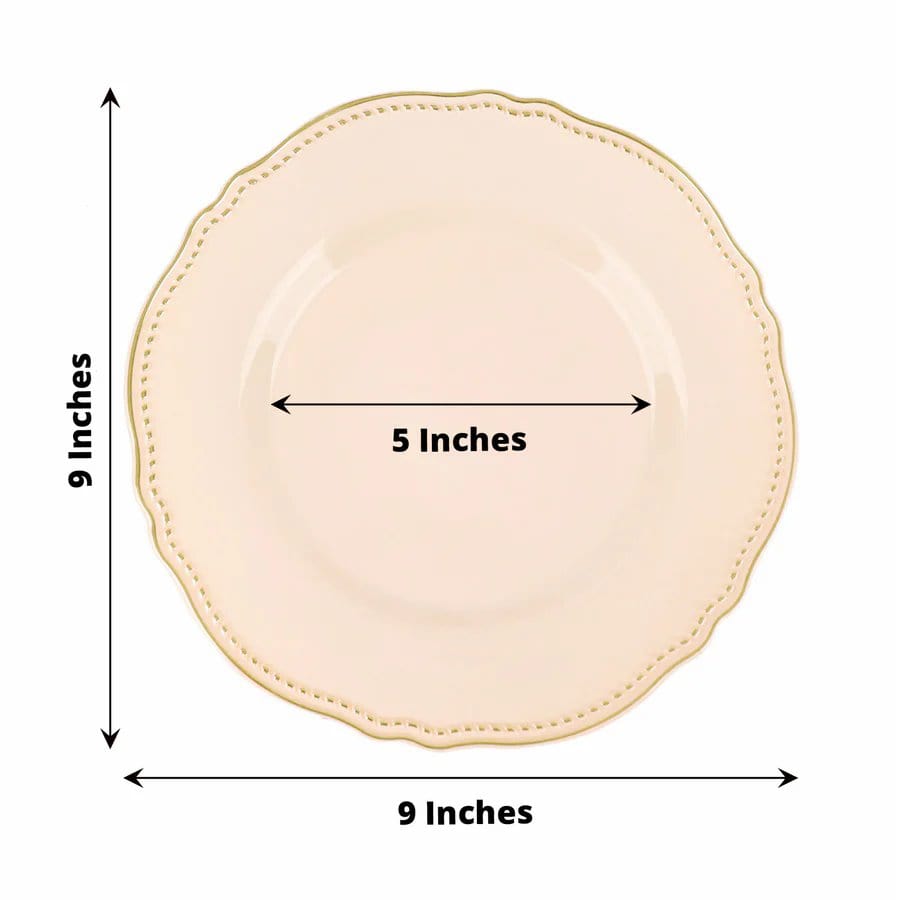 10 Round Plastic Dinner Plates with Gold Scalloped Rim - Disposable Tableware