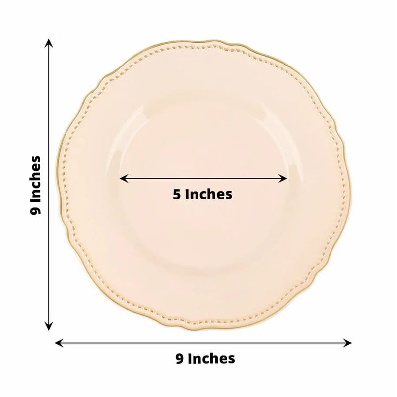 10 Round Plastic Dinner Plates with Gold Scalloped Rim - Disposable Tableware
