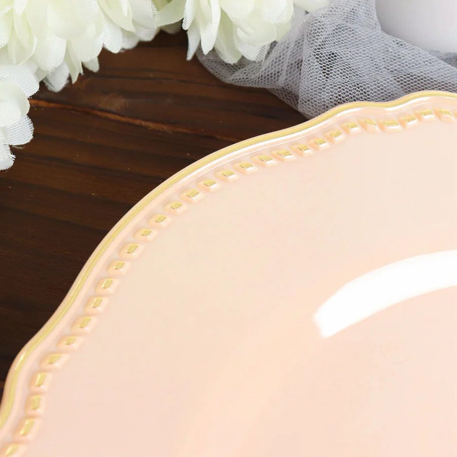 10 Round Plastic Dinner Plates with Gold Scalloped Rim - Disposable Tableware