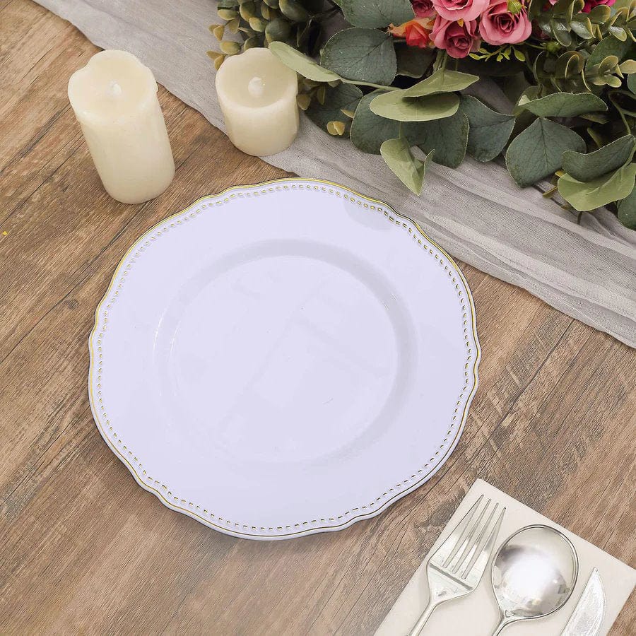 10 Round Plastic Dinner Plates with Gold Scalloped Rim - Disposable Tableware