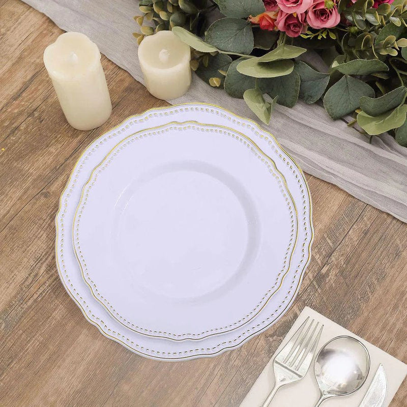 10 Round Plastic Dinner Plates with Gold Scalloped Rim - Disposable Tableware
