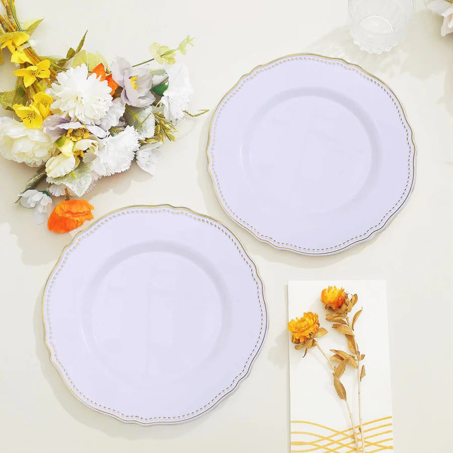 10 Round Plastic Dinner Plates with Gold Scalloped Rim - Disposable Tableware