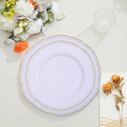 10 Round Plastic Dinner Plates with Gold Scalloped Rim - Disposable Tableware