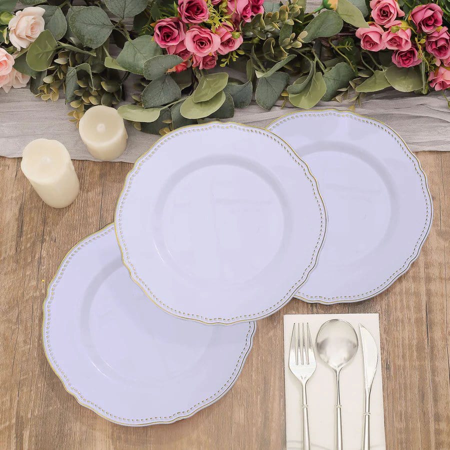 10 Round Plastic Dinner Plates with Gold Scalloped Rim - Disposable Tableware