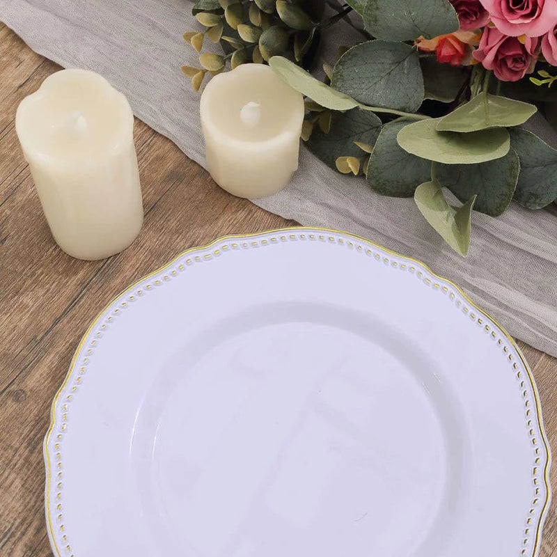 10 Round Plastic Dinner Plates with Gold Scalloped Rim - Disposable Tableware