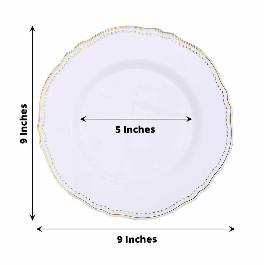 10 Round Plastic Dinner Plates with Gold Scalloped Rim - Disposable Tableware